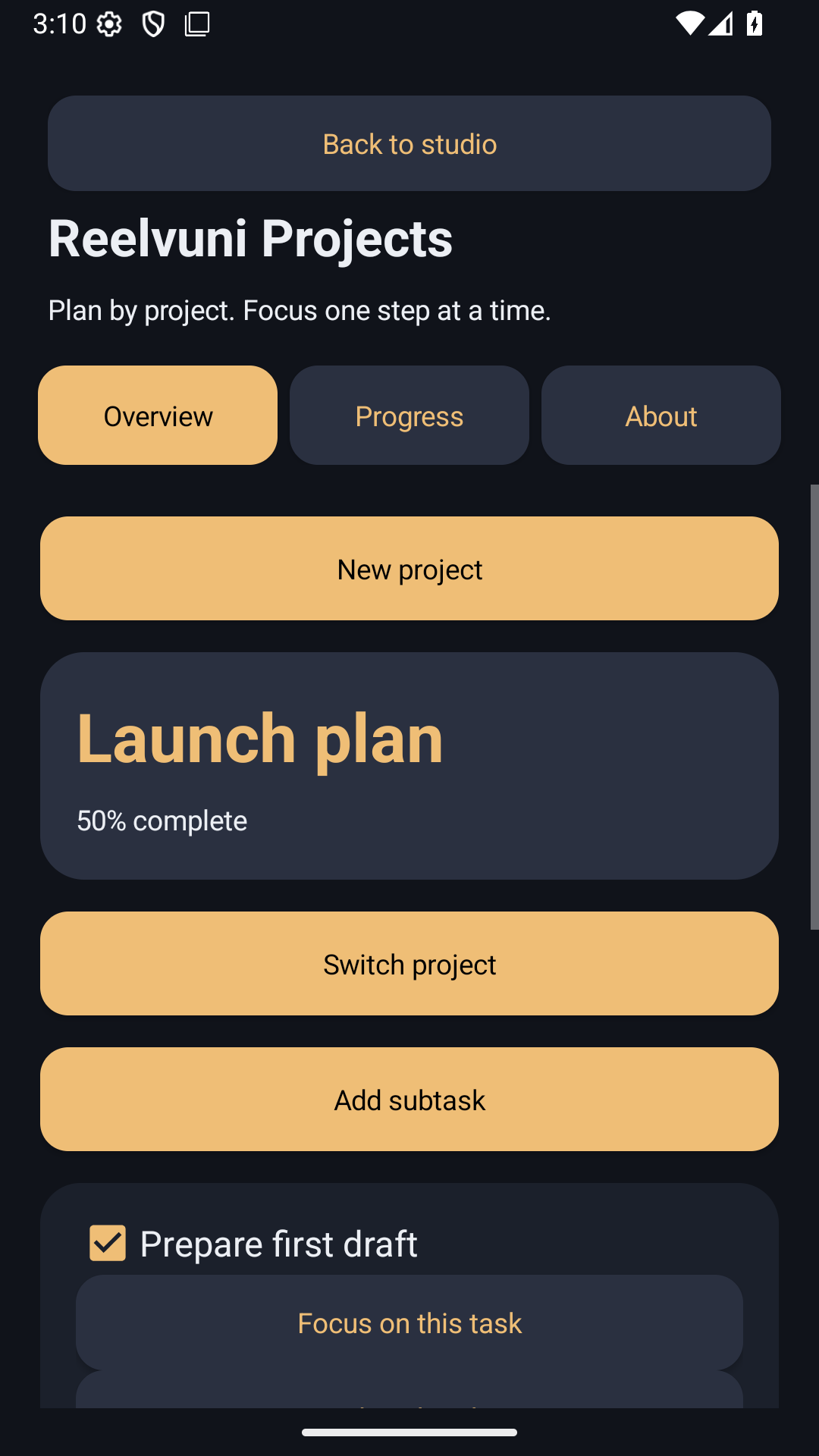 Reelvuni Projects feature screen