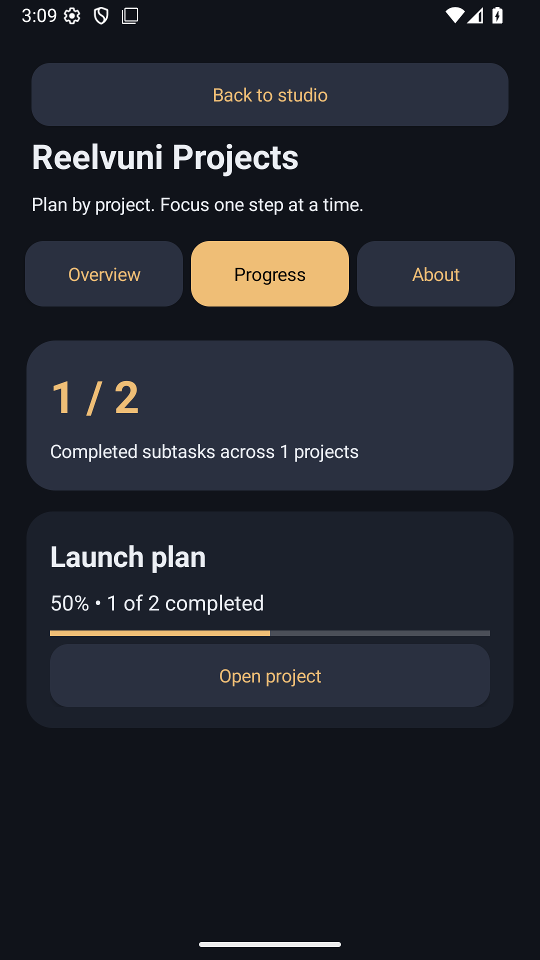 Reelvuni Projects app screen